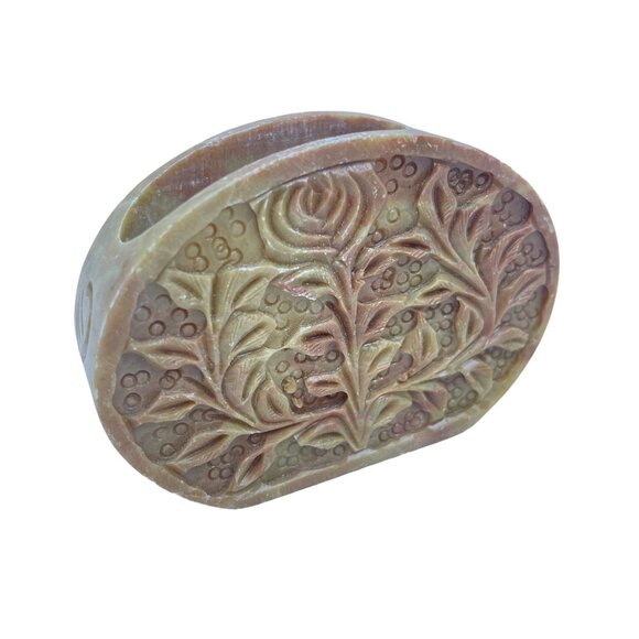 Hand Carved Soapstone Desk Accessory Holder With Floral Design - Picture 2 of 11